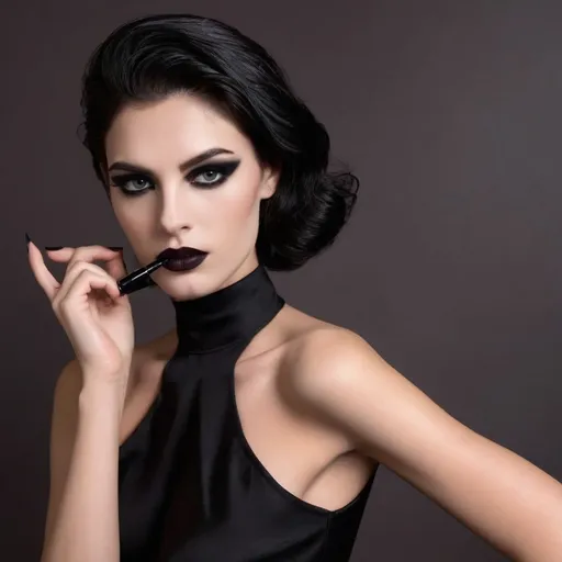 Prompt: Clean shaven man's face ((with dark eyeshadow, heavy mascara, dark lipstick)) on a gorgeous feminine body, wearing a classy black dress and 8 inch stiletto high heel shoes. 