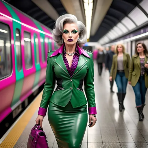 Prompt: photorealistic, (8K), beautiful curvy tall 45-year-old Polish drag queen model, strong masculine jawline and brow, dark eyeshadow and dark lipstick, silver-grey pixie spiked hair, striking green eyes, colorful geometric pattern leather jacket, stylish magenta blouse, herringbone pattern pencil skirt, fashionable boots, elegant leather shoulder bag, crowded London Metro station environment, vibrant atmosphere, high detail, soft lighting, professional photography, urban setting, lifelike representation.