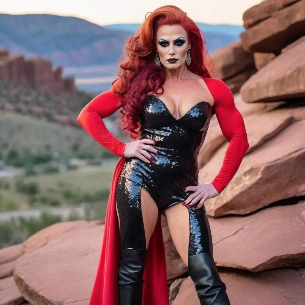 Prompt: James Dean transformed into A gorgeous muscular 35-year-old British drag queen bodybuilder with large busom, dark eye makeup, dark lipstick, a long curly dark red hair, wearing an asymmetrical black sequined gown, and 8 inch platform stiletto high heel knee-high boots, Colorado Red Rocks at sundown in the background. 