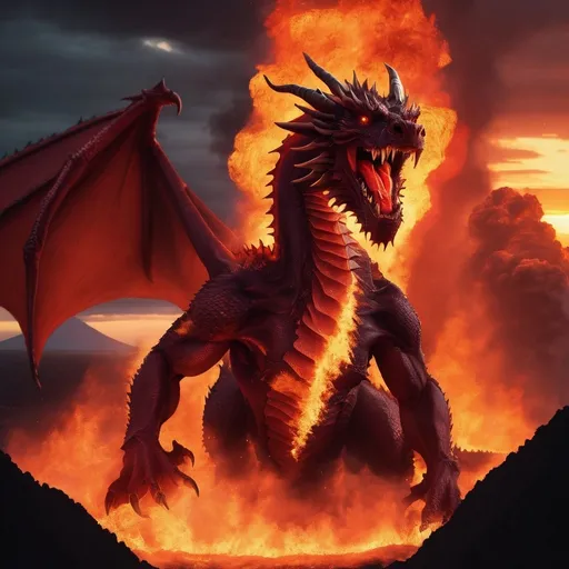 Prompt: Huge red dragon on fire, climbs out of a gigantic volcano at sunset in Hawaii