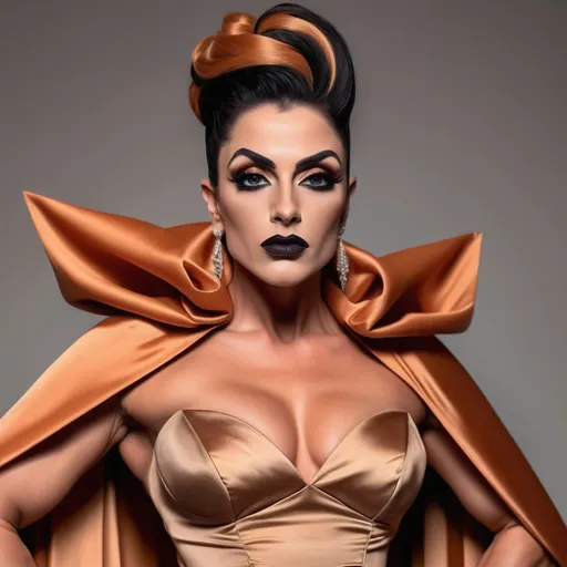 Prompt: The photo shows a gorgeous muscular 30-year-old Turkish drag queen bodybuilder (masculine jawline and brow) with dark eyeshadow, dark lipstick, and long dark orange updo hair, wearing a floor-length A-line gown, featuring a beige or champagne-colored satin top with long, wide sleeves that extend almost to the floor, creating a cape-like effect. The skirt of the dress is adorned with a vibrant, artistic print depicting a landscape of teal and blue mountains in a style reminiscent of traditional Chinese ink wash painting. There are also what appear to be stylized Chinese seals or stamps incorporated into the design. The skirt has a subtle ruffled or tiered detailing at the hem. The neckline is high and closed, in a style similar to a mandarin collar.

The Setting: The background is a simple, solid dark red, which gives the gown and the model a striking contrast and prominence.

