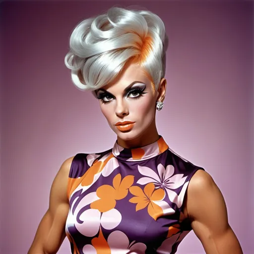 Prompt: Mod casual top, 1966, fashionable for gorgeous ultra-muscular 25-year-old Czechian drag queen bodybuilder, short silver and pink swept over stylish hair, sassy, iconic, modest, timeless, boho chic, floral, bright, orange, aubergine