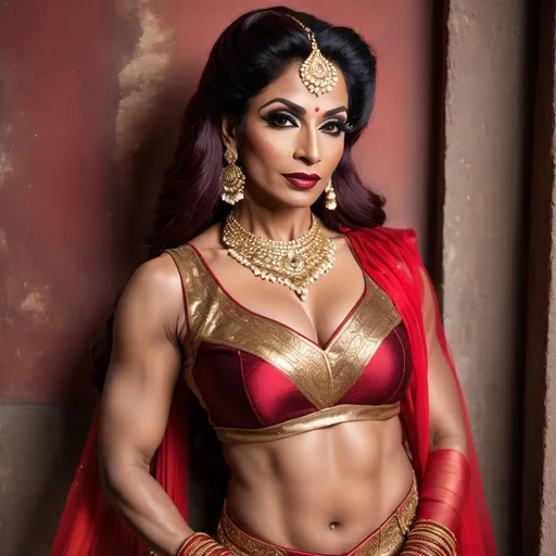 Prompt: A gorgeous muscular 45-year-old Pakistani drag queen bodybuilder, Dark heavy mascara and dark red lipstick. 
Apparel: (In traditional bharatanatyam costume and jewelry, deep neck, short bodice, low waist:1.3)
Hair: (2-yard long hair, braided with gold-ribbons:1.3). 
A dappled shaft of warm sunlight focusses light on her perfect midriff.
Nature worship. Boho aesthetic.
(Full body shot, full view of her whole form:2.0)