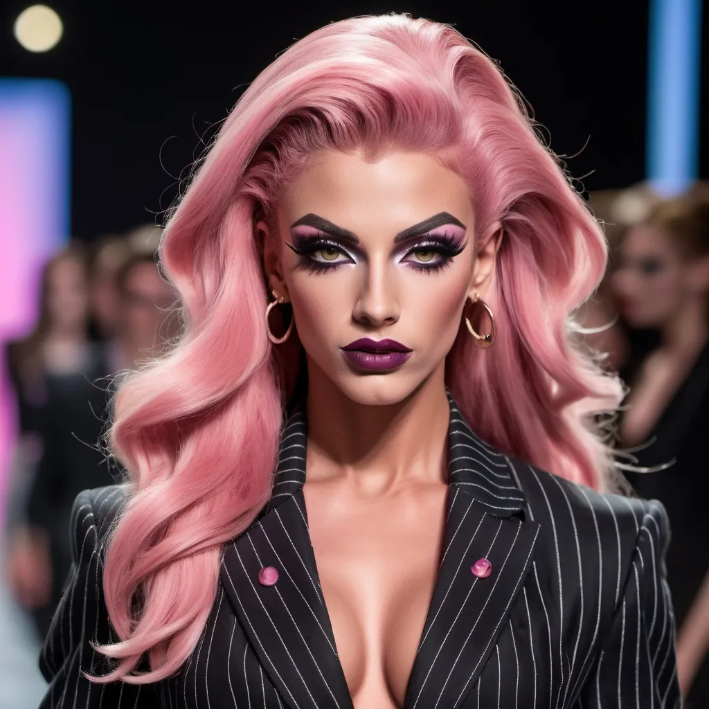 Prompt: Striding confidently down the runway, a Gorgeous, very muscular 21-year-old Italian drag queen bodybuilder (with strong masculine facial features, dark lipstick, large busom, long pink hair) showcases a striking ensemble that marries tailored sophistication with modern flair, wearing a fitted black pinstripe suit jacket over a polka-dotted crop top and matching high-waisted shorts. Her long, sleek legs are accentuated by sheer black stockings, drawing attention to stylish black heels that complete her bold look. The scene is set in a contemporary fashion show environment, illuminated by focused lighting that highlights the garment's details against a minimalist backdrop of soft, muted colors. The overall composition exudes a sense of elegance and empowerment, as the model’s composed expression and poised posture convey confidence and allure, making a powerful statement in the world of high fashion.