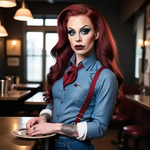 Prompt: "Create a full-length image of a Gorgeous ultra-muscular 25-year-old Finnish drag queen dressed as a waiter, wearing blue slim fit jeans paired with a natural brown stone-washed linen button-up shirt with long sleeves. Long wavy dark red hair. Dark smoky eyeshadow and dark red lipstick. The model should be accessorized with linen suspenders and a stone-washed waiter half apron. The background should be a beach setting to highlight the model's attire and accessories, giving a stylish and modern look."