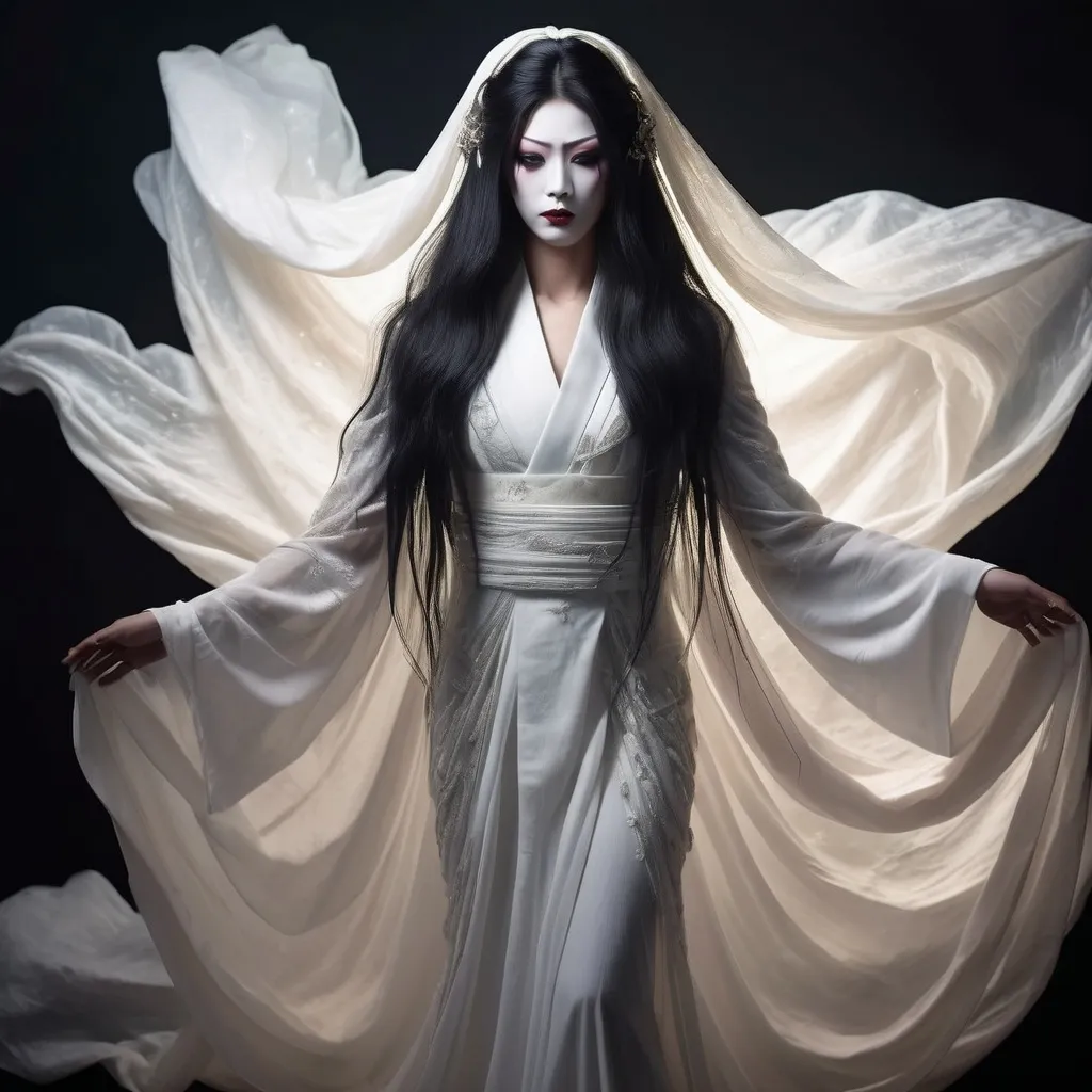 Prompt: A gorgeous, very muscular Japanese ghost drag queen, long black hair combed before her chest, wearing a white traditional Japanese burial dress,