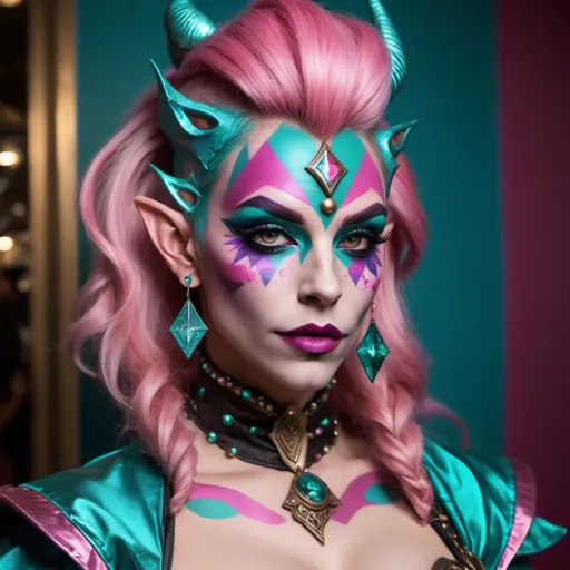 Prompt: dungeons and dragons style drag queen harlequin jester garbed elven street rogue - pickpocket master in pinks and tealss with face tattoo scars down her cheeks under her darkened eyes. 