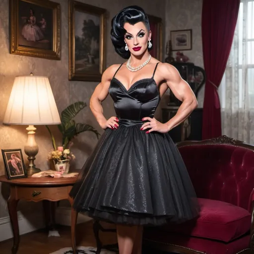 Prompt: Gorgeous ultra-muscular 30-year-old French drag queen bodybuilder with dark updo hairstyle, dark eyeshadow, heavy mascara, dark red lipstick, dressed wearing 1950s style house dress, sheer nylons, 6 inch stiletto high heel shoes, posing in a 1950s living room.