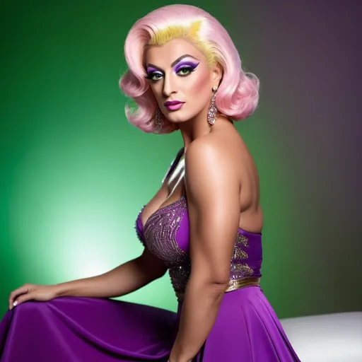 Prompt: Rodney Dangerfield dressed up as a Tall gorgeous ultra-muscular 25-year-old Greek drag queen bodybuilder drag queen, large busom, full-length pose, platinum pink bob, green eyes, round face, elegant lounge, yellow blouse, violet skirt, violet pumps, professional lighting, high-res photo, elegant, professional, detailed, sophisticated, curvy, round face, profile pose, luxurious, feminine, high quality, elegant lounge, yellow blouse, violet skirt, violet pumps, professional lighting