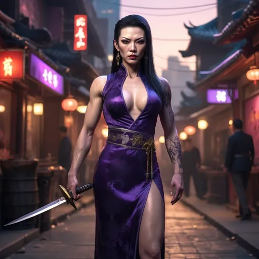 Prompt: A mature, gorgeous muscular Chinese drag queen assassin wearing a dark purple, form-fitting, low-cut qipao holds a mini dagger in her hand. On a dimly lit street late at night, her piercing eyes shine brightly as if searching for her prey. She put on a martial arts pose(ultra detailed). fine detailed drawing, professional photo, HDR, UltraHD, a lot of details, pixel study, 3D, detail, photorealism, majestic, stunning, elegant, brillant, sumptuous, magnificent, effulgent, refulgent, fantasy, epic, long hair, mystic, full body view, classical and warm lighting style and cinematic art 
