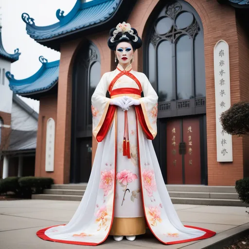 Prompt: A beautiful Chinese drag queen wears beautiful Hanfu, and long white silk gloves. She stands outside a modern Catholic church. Full body picture.