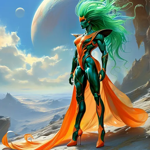 Prompt: Gorgeous ultra-muscular 25 year old orange skinned alien goddess bodybuilder, very well endowed, long muscular legs and ridiculously long flowing green hair (((blowing in the wind))) celestial robes and 8 inch stiletto high heel boots looking out toward a fantastical celestial landscape