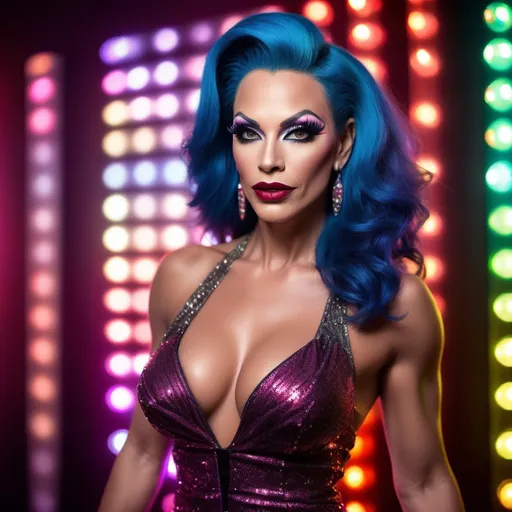 Prompt: Gorgeous ultra-muscular 38-year-old Czechian drag queen bodybuilder dressed in a gorgeous prom dress with 8 inch stiletto high heel shoes,  dark smoky eyeshadow,  heavy stylish eye liner, mascara, and dark red lipstick. Walking across the dance floor.