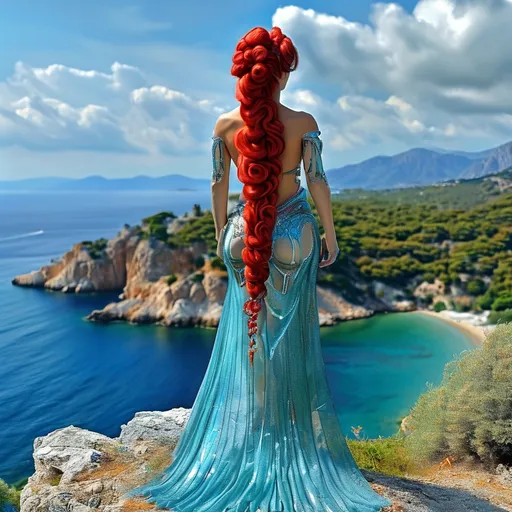 Prompt: Mystical, Gorgeous muscular 30 year old Greek Goddess bodybuilder with long red updo hair,  huge busom, looking over the Greek isles. Mytical scenery. Long beautiful ethereal gown, 8 inch high heel shoes. Crystal ultrablue water, beautiful green landscaped beach islands.