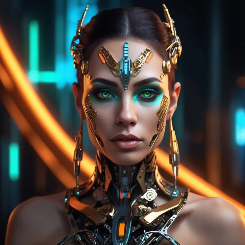 Prompt: A hyper-realistic portrait of a futuristic muscular cybernetic drag queen (with masculine strong jawline) whose face is symmetrically divided into a glowing, biomechanical side and a human, expressive side. The cybernetic side is composed of intricate gold and orange circuitry with shards and glowing fragments, while the human side features soft skin with subtle highlights reflecting blue ambient light. The black background is a soft blur of a few neon orange and blue-green lights, creating a cinematic high-tech atmosphere. The composition emphasises her piercing green eyes and the detailed textures of skin and metal. The lighting is a dynamic mix of warm and cool tones, adding depth and drama to the scene. The mood is mysterious and ethereal, evoking both humanity and technological transcendence. Highly detailed, photorealistic rendering with an emphasis on depth of field and reflective surfaces.