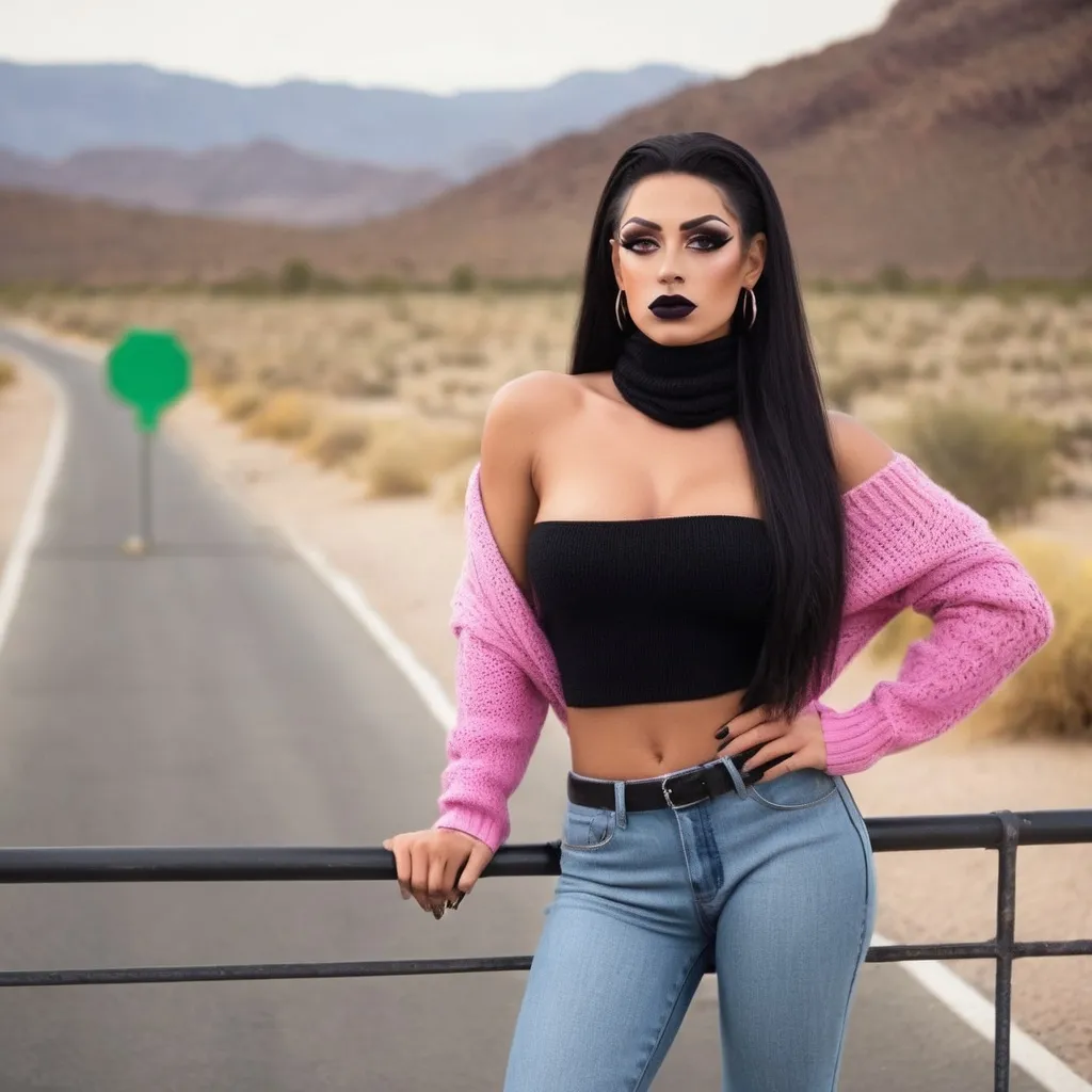 Prompt: high resolution , modeling photography  , 
a full-body photo of a Gorgeous, very muscular, suntanned, 25-year-old, suntanned, Greek drag queen (with masculine jawline and brow facial features, dark lipstick), wearing an off shoulder pink knit sweater with black scarf , jeans shorts,long black high heel boots  ,she stands in modeling pose the back  focus on legs  ,  there is a safety railing behind her and a  big green sign ,road , desert settings , warm colors , 