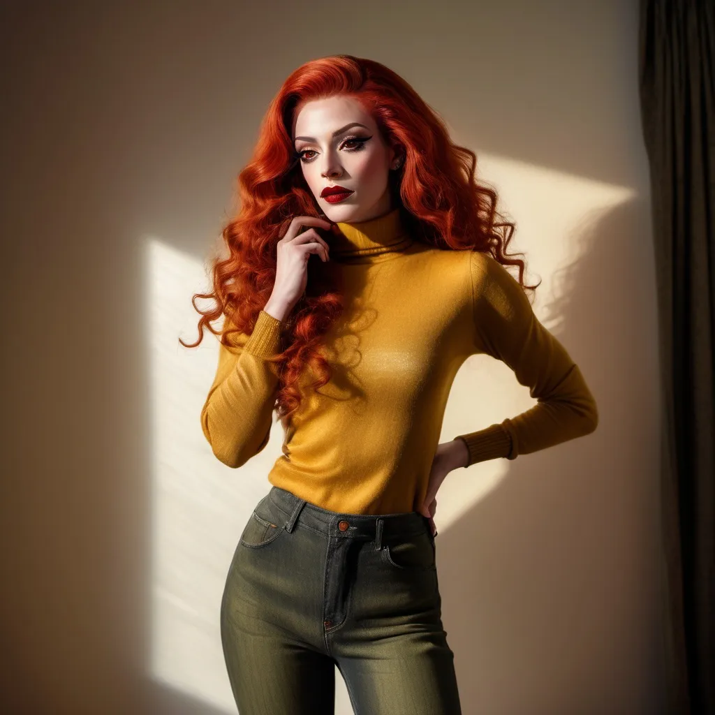 Prompt: (French drag queen with long curly red hair), wearing an olive long knitted yellow turtleneck shirt and skinny jeans, dark ete makeup, dark lipstick,  masculine jawline and brow, (close up,low angle shot ), inside a softly lit room, (white curtains gently swaying),  captured in an extremely detailed (oil painting style), (photorealistic), sunlight streaming through the woman  , she is looking out the window and  holding the curtains with her hands ,(artistic modeling pose) ,high resolution , detailed , bright colors