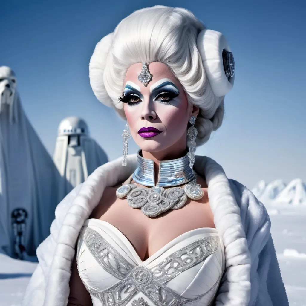 Prompt: The most beautiful drag queen on the Planet Hoth wearing the traditional Hoth dress.