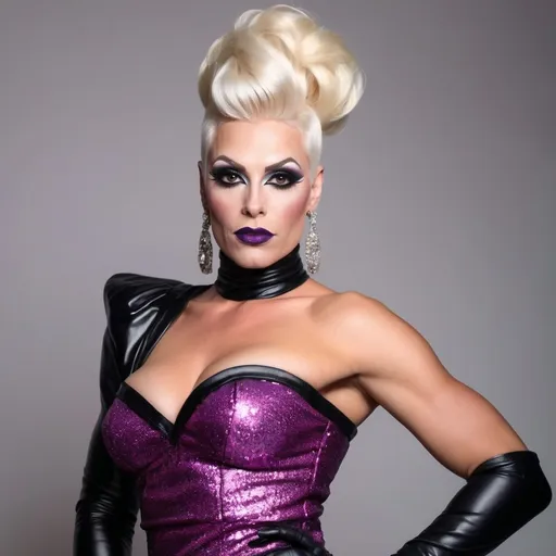 Prompt: The most beautiful muscular 35-year-old Finnish drag queen (with very strong masculine jawline and facial features) with stylish platinum blonde updo hair and large busom.  Wearing a sassy, cute, stylish, colorful party dress and 8 inch platform stiletto high heel knee-high boots.  Dark eyeshadow,  dark lipstick,  heavy mascara. 