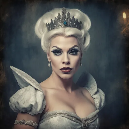 Prompt: Grunge medieval Cinderella drag queen bodybuilder (strong drag queen facial features), impasto, old picture effect, whimsical, highres, detailed, medieval, impasto, old picture effect, grunge, Snow White, fairy tale, dark tones, atmospheric lighting
