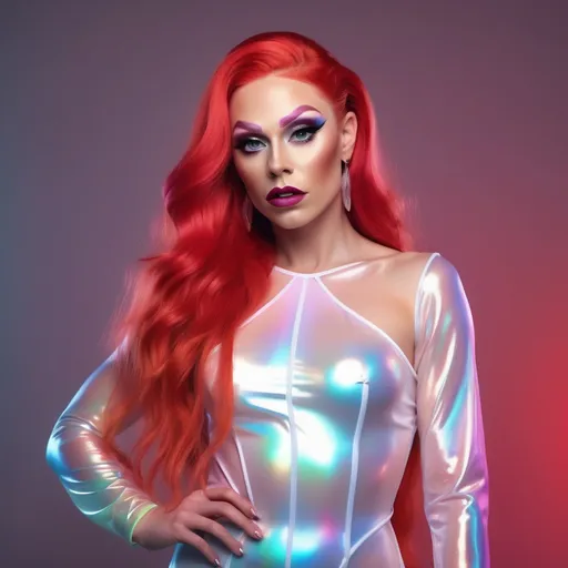 Prompt: ethereal hyper realistic 25-year-old Finnish drag queen, athletic physique, full body, white iridescent dress, red coloured long hair Ultra HD pastel & neon colors.