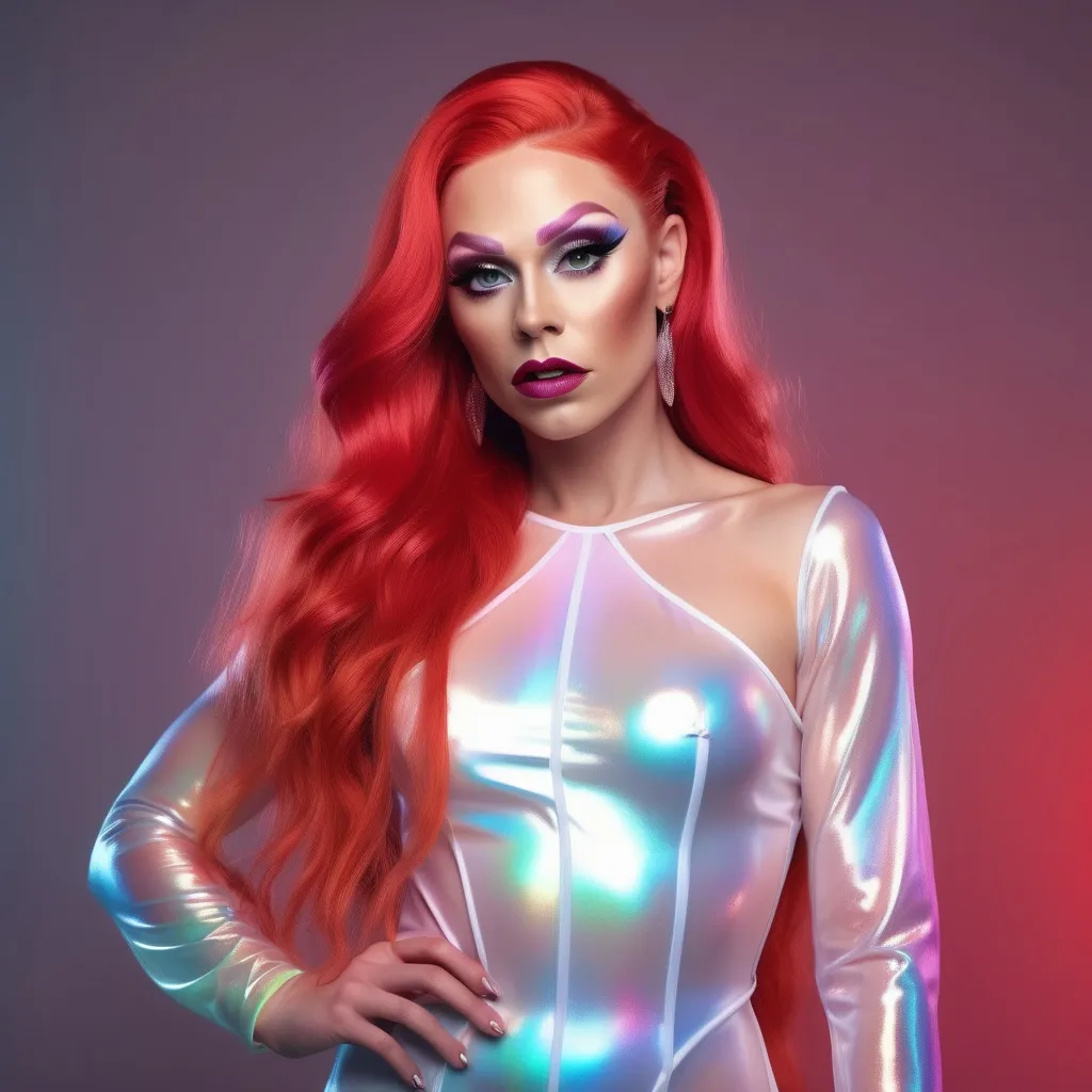 Prompt: ethereal hyper realistic 25-year-old Finnish drag queen, athletic physique, full body, white iridescent dress, red coloured long hair Ultra HD pastel & neon colors.