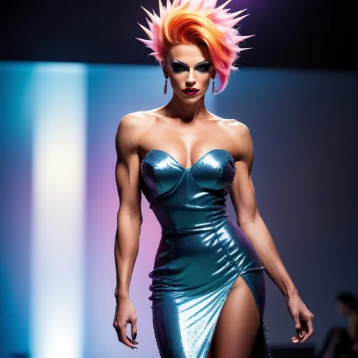 Prompt: Gorgeous ultra-muscular 25-year-old Swedish drag queen bodybuilder with short spiky hair wearing an evening gown and 8 inch stiletto high  lheel shoes on a fashion runway.