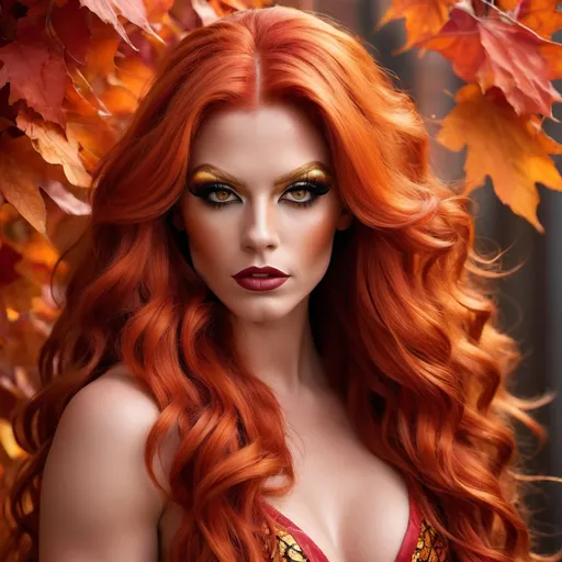 Prompt: Picture of a huge busomed Gorgeous 25-year-old Czechian bodybuilder drag queen with ridiculously long fiery red hair cascading down her shoulders in loose waves, reminiscent of the vibrant hues of autumn leaves. Her hair, like a blazing sunset, frames a face adorned with delicate features. High cheekbones, a pert nose, and full lips painted in a bold shade of red that matches the intensity of her hair.

Her eyes, a mesmerizing shade of emerald green, sparkle with mischief and curiosity, framed by thick lashes that flutter like the wings of a butterfly. She has an air of confidence about her, carrying herself with the effortless grace of a dancer on a dimly lit stage.

Dressed in the fashion of the 1980s, she wears a vintage-inspired ensemble that effortlessly blends bold patterns and vibrant colors. A cropped leather jacket adorned with studs and patches adds a touch of rebelliousness to her look, while a flowing skirt in a riot of floral prints sways with every step she takes.

Her accessories are eclectic and eye-catching, from oversized hoop earrings that glint in the neon lights of the city to a stack of bangle bracelets that jingle softly with her movements. On her feet, she wears a pair of 8 inch stiletto high heel shoes that give her an added boost of confidence as she struts down the bustling streets of the urban landscape.

There's an undeniable magnetism to her presence, a combination of beauty, charisma, and a hint of mystery that draws people in like moths to a flame. She embodies the spirit of the 1980s, a time of bold fashion choices, vibrant personalities, and an unapologetic zest for life.  you can see her  figure