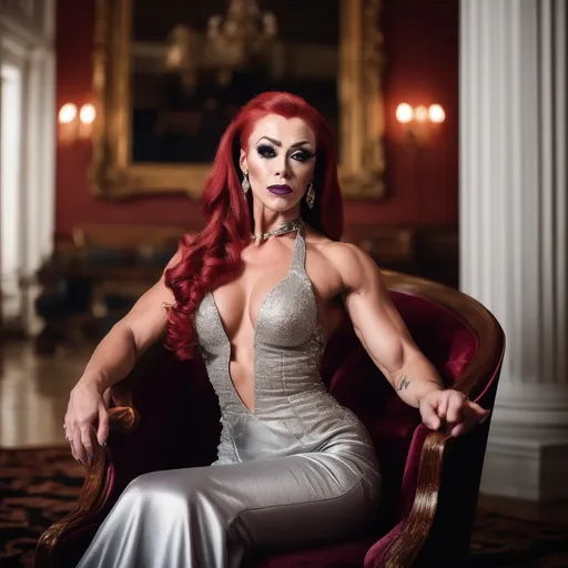 Prompt: A personal portrait of a gorgeous ultra-muscular 25-year-old Finnish drag queen bodybuilder with long swept back red hair, wearing a Betsy Johnson gown and 8 inch stiletto high heel shoes, sitting on a velvet couch, with a blurred backdrop of a grand staircase. Use a Hasselblad camera with a 100mm lens at F 1.2 aperture setting and dreamlike lighting to capture the subject’s beauty and elegance.