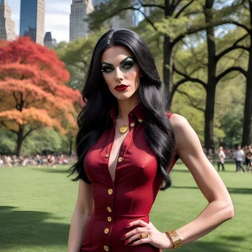 Prompt: Slim, gorgeous, 25-year-old, Swiss drag queen with a strong masculine jawline, dark eyeshadow and dark lipstick, wearing a form fitted slim long Red button down dress, gold stiletto high heels, long straight black hair. Posing in Central Park.