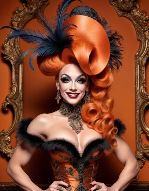 Prompt: Victorian-era (beautiful smiling British drag queen bodybuilder), adorned in an elegant rococo-style dress, wearing a striking hat embellished with (feathers), surrounded by an opulent, richly decorated background with intricate patterns and luxurious textures. Long dark orange updo hair. Dark eye makeup and dark lipstick. The ambiance exudes a sense of charm and sophistication, with soft, warm lighting illuminating her figure. 4K ultra-detailed, vibrant color tones that capture the essence of the era.