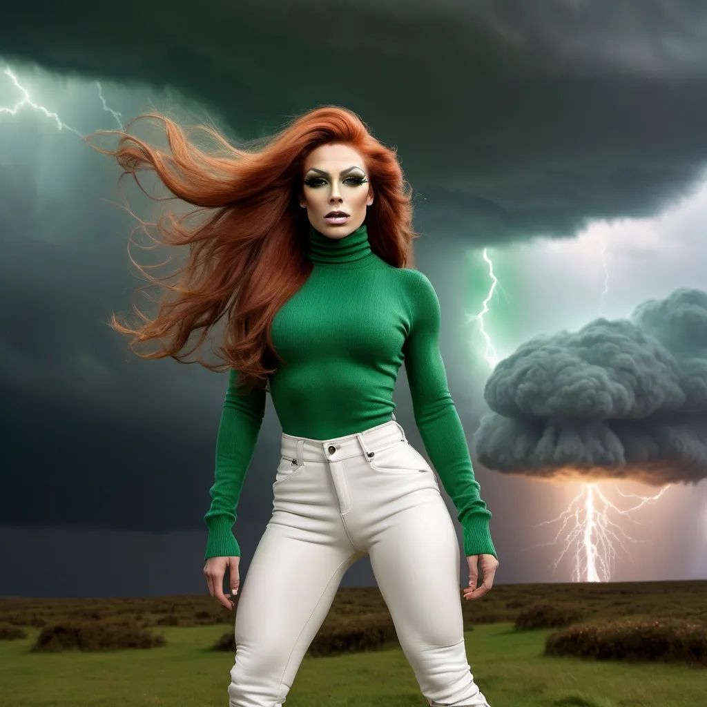 Prompt: Gorgeous ultra-muscular 25-year-old British drag queen bodybuilder with very long wavy auburn hair (((blowing in the wind))) wearing green turtleneck sweater and white leather pants, is standing on the edge of oblivion, a mushroom cloud in the distance. A stormy sky and lightning is overhead.