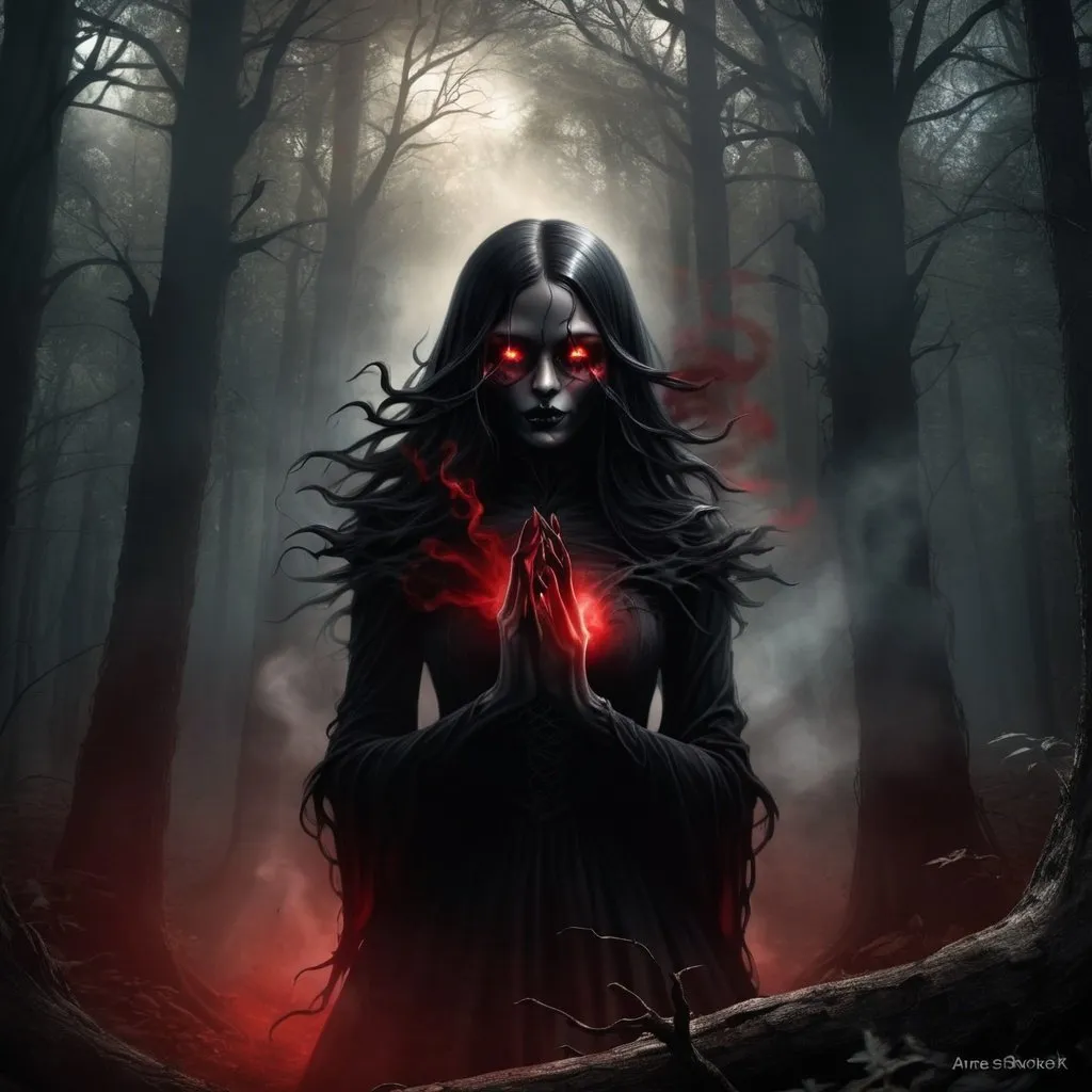 Prompt: a creepy black smoke with red eyes and hands in the dark forest with a light coming from behind it, Anne Stokes, gothic art, dark fantasy art, a digital rendering