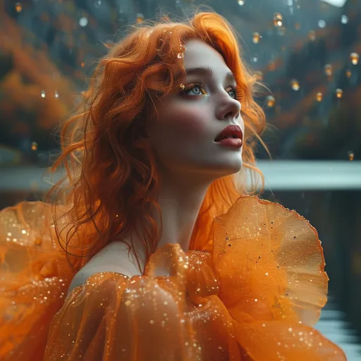 Prompt: epic masterpiece, at (night:1.8) with (hyper detailed:1.5), gorgeous, 25-year-old, Polish drag queen supermodel, looking at camera, dark orange hair, dark eyeshadow and dark red lipstick, Insanely detailed, backlit, bokeh, face turned upwards to the sky, blushing lightly with mouth open, she has an orange diaphanous flowing transparent long shawl draped about her shoulders and upper arms, midnight, a calm lake in ((pouring rain:1.4)), surrounded by high cliffs covered in shadows, breathtaking starry night sky, galaxies, nebula, tiny fireflies floating in the air, 8k photo, HDR, masterpiece, fine details, natural beauty, breathtaking, captivating, fine details, sharp, very detailed, high resolution, close up, taken with a Hasselblad H6D-100c, Hasselblad Zeiss Sonnar F 150mm f/2.8 lens, Godox SK400II Professional Compact 400Ws Studio Flash, sharp focus, fine details, 5 flash set up, Ring light for catchlight eyes, Award winning photography, pro lighting, realistic, realism