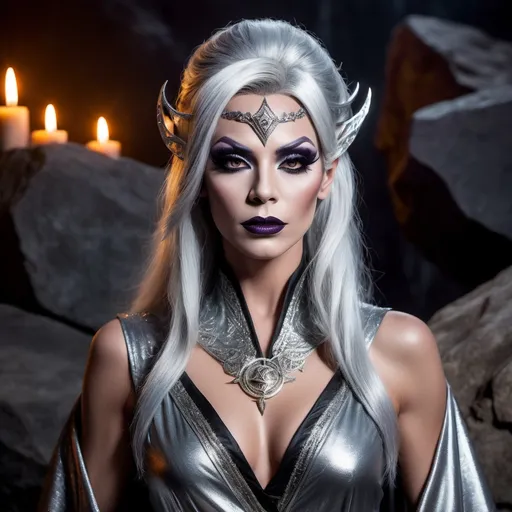 Prompt: (35-year-old gorgeous drag queen sorceress), striking black eyes, silver dark hair with silver streaks, (aura of power), good-looking features, masculine jawline and brow, dark eyeshadow, dark lipstick, wearing mystical robes, ancient runes glowing faintly, dramatic lighting casting shadows on his face, (mysterious ambiance), atop a rocky cliff with a stormy sky, wisps of magic swirling around him, ultra-detailed, cinematic atmosphere.