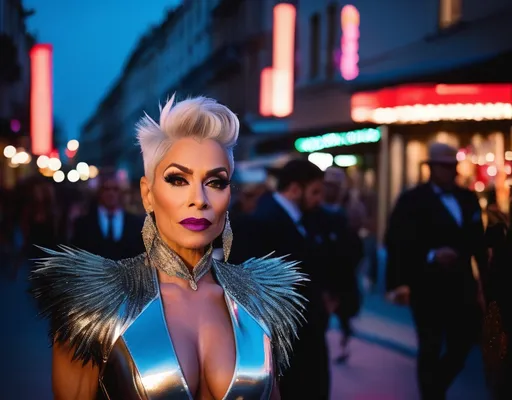 Prompt: A high definition hyper-detail live action digital photograph of A gorgeous ultra-muscular 55-year-old French genderfluid drag queen with short spiky swept over silver hair wearing an amazing ensemble of both men attire and women's attire, and 8 inch stiletto high heel shoes.  Walking down the street at sundown.