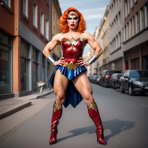 Prompt: Gorgeous ultra-muscular 25-year-old Russian drag queen bodybuilder dressed as Wonder woman with 8 inch stiletto high heel boots, posing in the street. Short orange hair. Natural makeup. Dark eye shadow. Dark red lipstick.