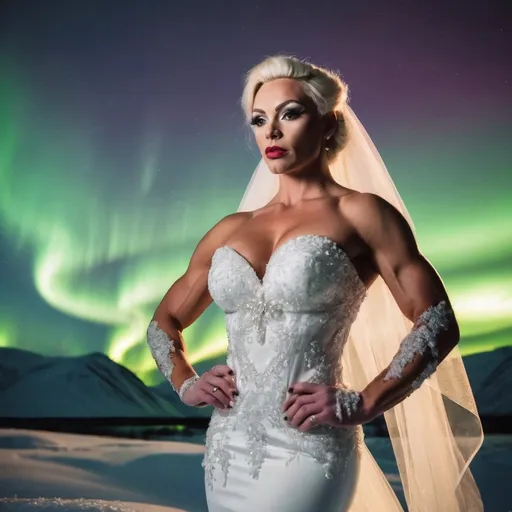 Prompt: (A 3/4 body image)A 25-year-old muscular, beautiful Nordic drag queen bodybuilder wearing A beautiful winter bridal gown designed for cold weather. Taking a bridal photoshoot in the snowy Arctic with the Northern Lights in the background.
