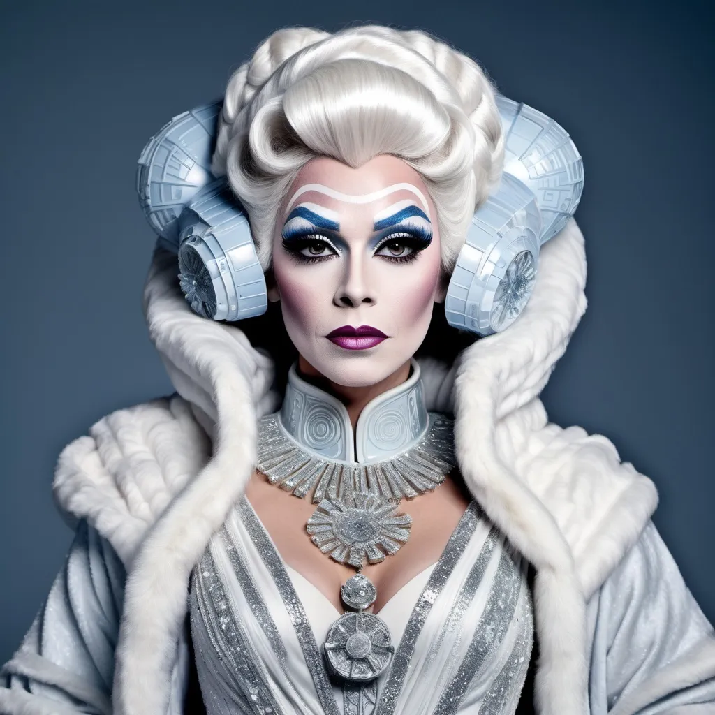 Prompt: The most beautiful drag queen on the Planet Hoth wearing the traditional Hoth dress.