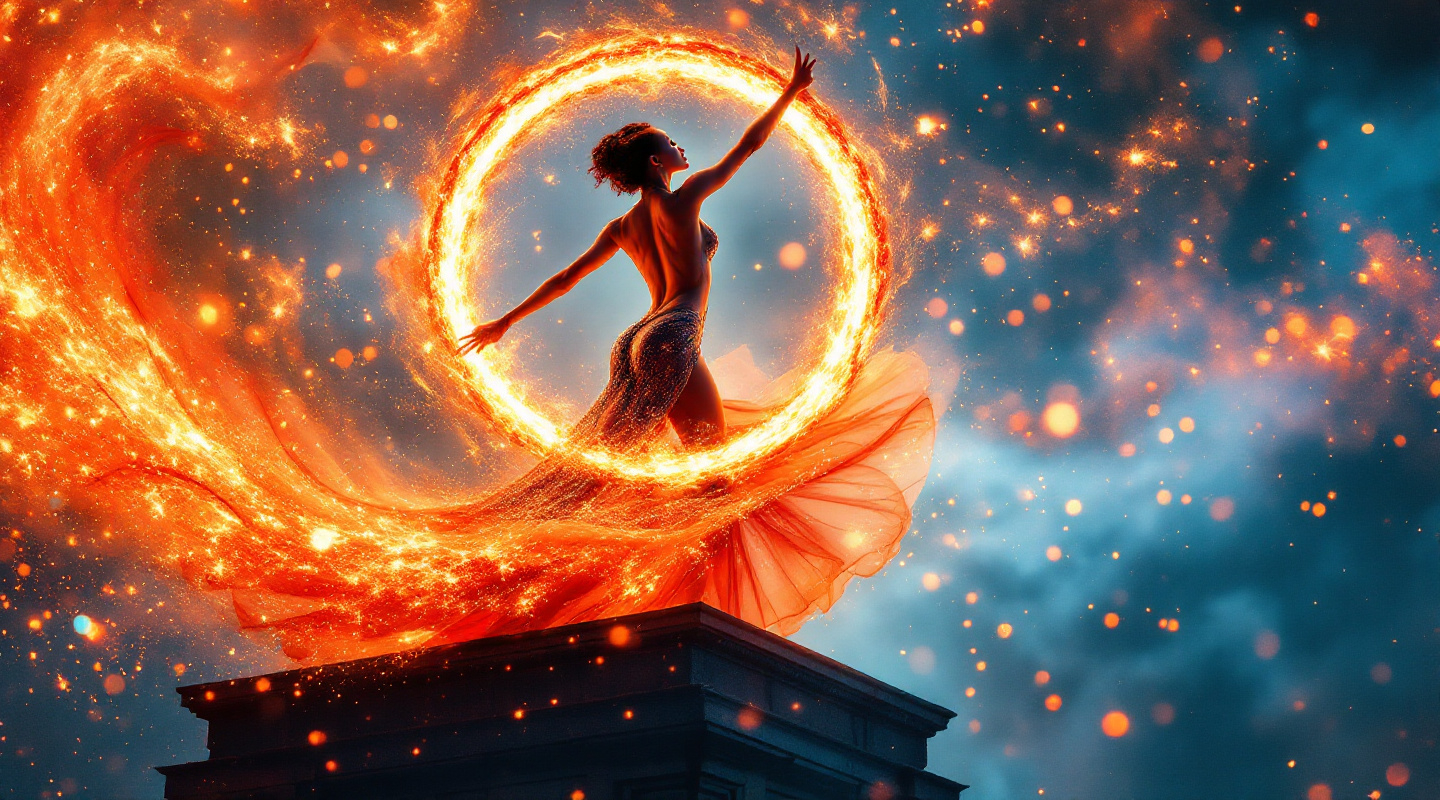 Prompt: Watercolor impressionist art, professional elegant circus stunning muscular 25-year-old French drag queen performer wearing intricate dance outfit playing a set of hula hoops made of lava elements and burning charcoal with elegant action on top of a building , and  a fire elements come out from inside her forming a orange and red trail of sparkling dress, illuminated bokeh twinkling glittery background. studio lighting. Mesmerizing and spectacular splendid performance. Masterpiece of art, thrilling and exciting to view from the audience.