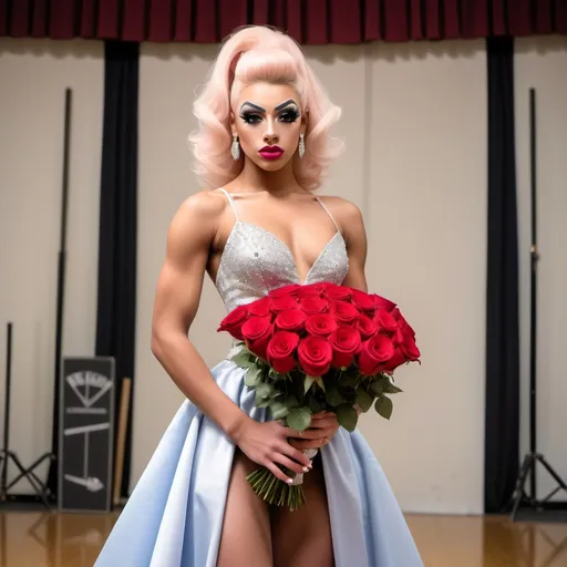 Prompt: Gorgeous muscular 18-year-old French drag queen prom queen (very strong masculine facial features) posing on the (high school) gymnasium stage holding a bouquet of roses. Beautiful, classy, and flirty gown, 8 inch stiletto high heel shoes.