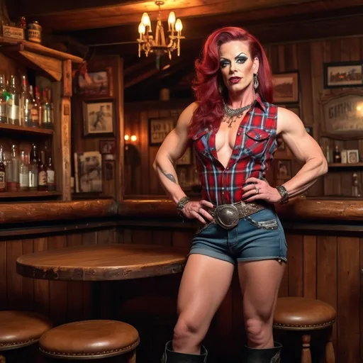 Prompt: Gorgeous muscular 35-year-old French drag queen bodybuilder with waist-length (dark red) hair, dark eyeshadow, dark lipstick, wearing a sleeveless flannel shirt, cut-off jean shorts, 8 inch stiletto high heel boots, standing in a vibrant western saloon, engaging in lively conversation. (Warm, rustic tones), illuminated by dramatic lighting, detailed wooden decor, and classic saloon elements, depicting an energetic and entertaining atmosphere. High-quality (4K), ultra-detailed environment.