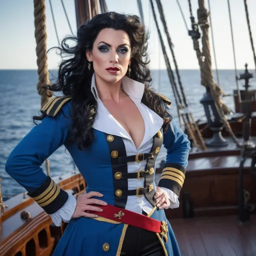 Prompt:  Gorgeous muscular 35-year-old French drag queen Pirate (strong masculine jawline and brow facial features) with long curly black hair and big busom, detailed clothing, realistic, natural lighting, shiny black hair in a ponytail, pale blue eyes, Revolutionary Era Naval Uniform, standing on the deck of a galleon, moonlight mid-battle, dramatic lighting, dynamic and intense atmosphere, moon casting silver tones, ocean waves crashing, cannons firing, ultra-detailed, cinematic masterpiece.