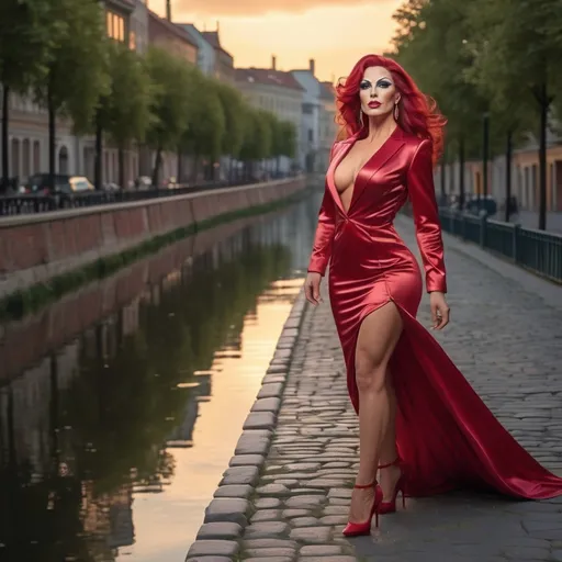 Prompt: Hyper-realistic 4k digital image, gorgeous muscular 35-year-old Hungarian drag queen (very masculine jawline and brow features) bodybuilder with large busom exuding happiness strides forward, long dark red straight hair, collarless jacket nestles pastel satin dress flowing to the ground, stiletto heels clicking on the cobblestones of a canal pathway, surrounded by evening's gentle glow, ambient shadows interplaying with the backlit figure, depth of field focusing on the entirety of her