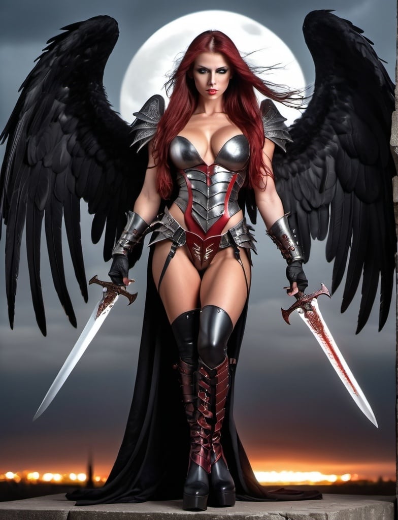 Prompt: Demonic Angel, gorgeous ultra-muscular 25-year-old Czechian bodybuiler with huge busom and ridiculously Long dark red Hair, long muscular legs, Demonic Eyes, Angel WIngs, Full Body, Armor, 8 inch stiletto high heel armour boots, Legendary Sword, Holy, Blood, Raven and Moon in Background