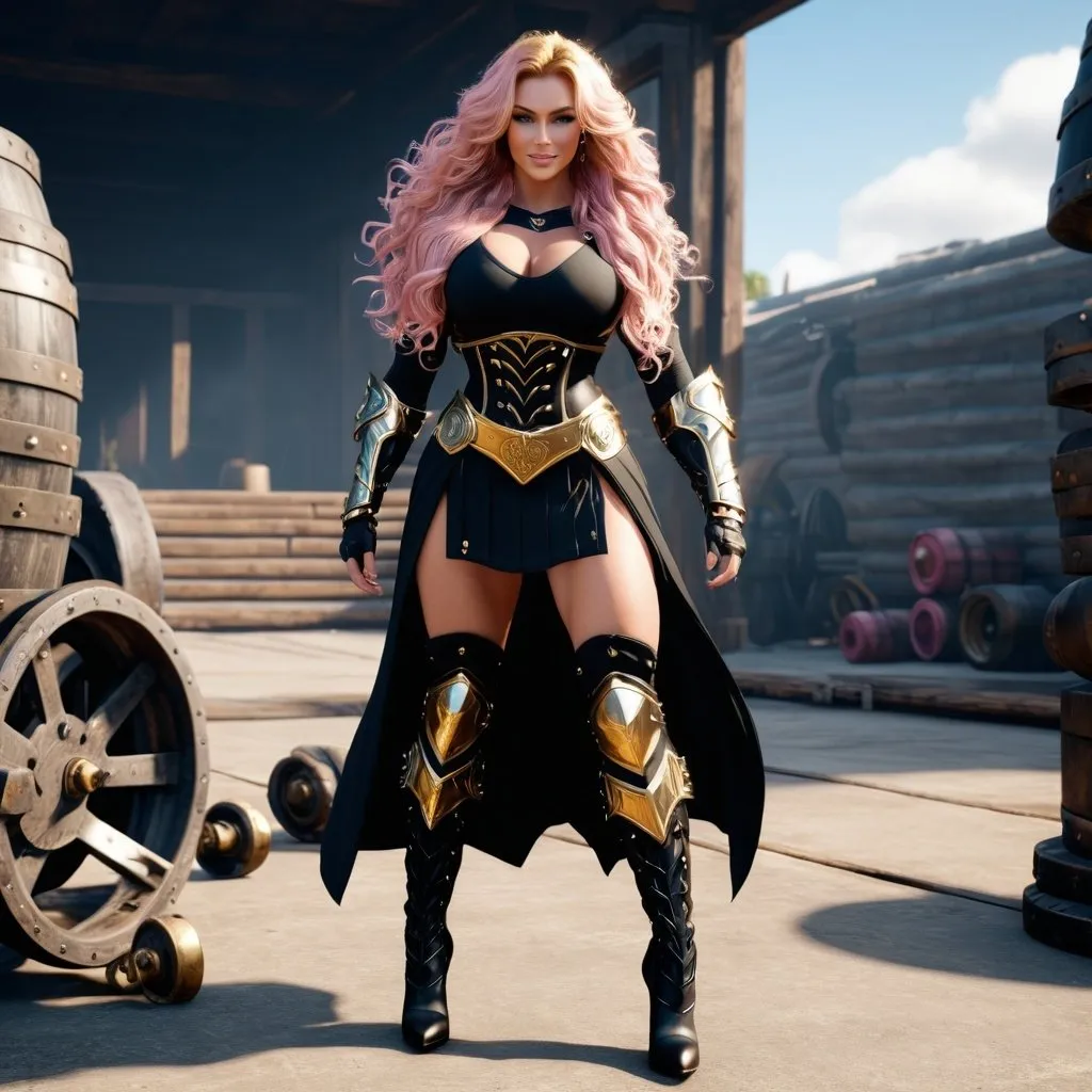 Prompt: Digital Art, gorgeous ultra-muscular 25-year-old viking goddess bodybuilder with huge busom and ridiculously long wavy pink hair, golden gear, black clothes, subtle smile, blue eyes, a black long-sleeve shirt, textured skirt down to knees, black pants, golden armor, 8 inch stiletto high heel boots, golden gear, unreal engine 64k octane, hdr, 3d lighting, full body, full armor