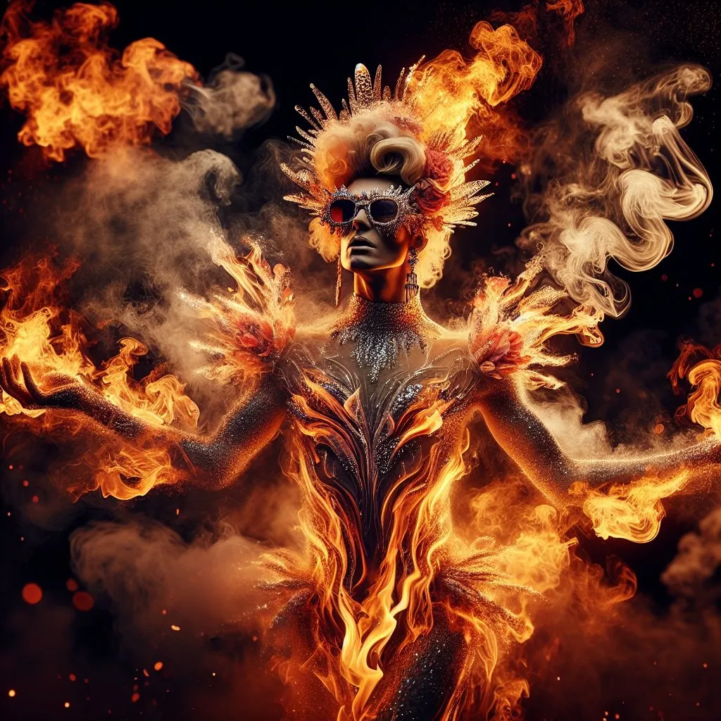 Prompt: Gorgeous ultra-muscular 25-year-old Czechian drag queen made of smoke and fire.