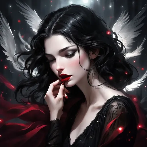 Prompt: Dark black hair and ruby lips, sparks fly from her fingertips. Echoed voices in the night.
She's a restless spirit on an endless flight.