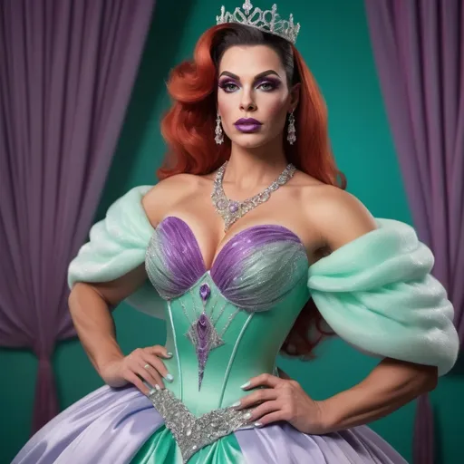 Prompt: Hyper realistic image of a Gorgeous muscular 25-year-old German drag queen (with strong masculine jawline and brow facial features) bodybuilder with huge busom, dressed up as Ariel, dressed as a queen wearing a floor-length ball gown in her iconic seafoam-green and ombre purple. The dress should be elegant and regal with detailing on the skirt.