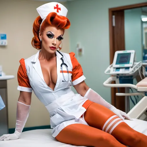 Prompt: Gorgeous muscular drag queen bodybuilder dressed as a nurse, age 25, long very dark orange tight updo hair, WHITE nurses uniform, WHITE nylon stockings, 8 inch stiletto high heel shoes sitting in a emergency room in a hospital, showing legs